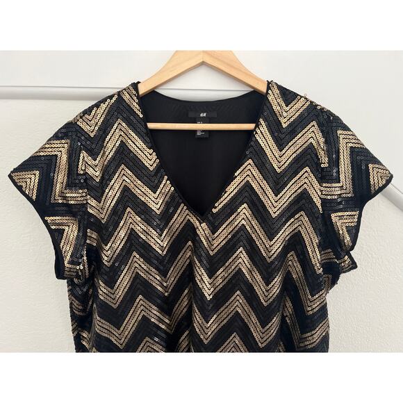 H&M Black Gold Sequined Mini Dress Women XL Glam Fairy Grunge Event Career - Picture 4 of 16